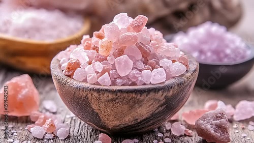 Pink Himalayan salt crystals in a wooden bowl