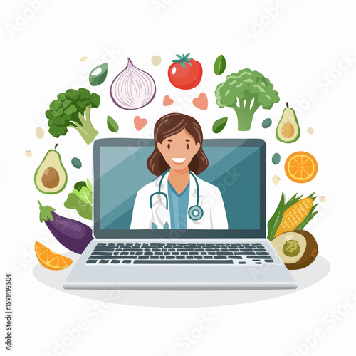 Smiling Healthcare Professional Using Laptop Surrounded By Fresh Produce