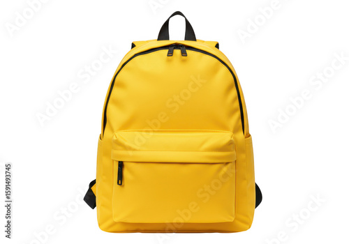 A bright yellow backpack with a front pocket and zippers, isolated on a transparent background