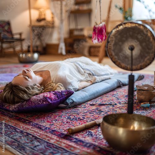 Woman relaxing on floor during sound healing therapy session