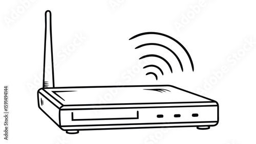 Outline drawing of a wireless router with antenna emitting wifi signal in black and white sketch style