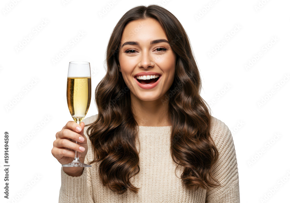 A joyful young woman with long wavy hair holds a glass of champagne, smiling and raising her hand in celebration isolated on transparent background A joyful young woman with long wavy hair holds a glass of champagne, smiling and raising her hand in celebration isolated on transparent background