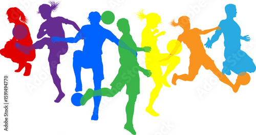 Soccer football player male and female colorful silhouette outlines men and women group