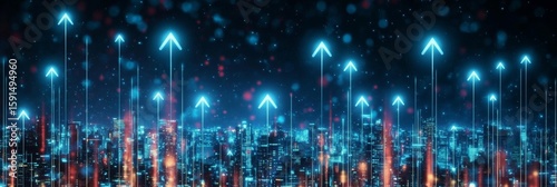 Futuristic Cityscape with Digital Upswing and Neon Arrows Showcasing Innovative Growth and Progress