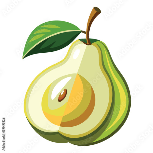 Juicy fresh pear, perfectly halved to show its core, on a plain white surface.