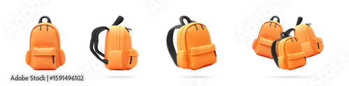 Orange backpack in various views. School bag or travel luggage. 3d vector collection for education, tourism, and everyday life.