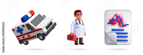 Ambulance, male doctor, and medical report document. Emergency services and healthcare support. 3d stock vector illustration isolated on white.
