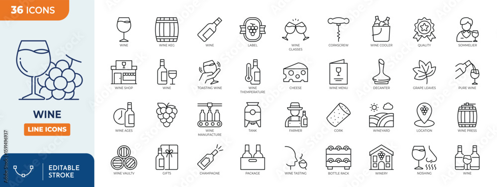 Obraz premium Wine line editable icon set. Containing wine glass, grape, wine bottle, corkscrew, vineyard, barrel, winery, and more. Editable stroke. Vector illustration