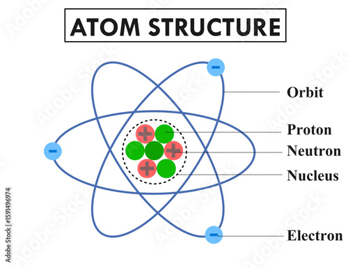 Atom structure model.Electron, nucleus of protons and neutrons and orbit.Diagram.Atom molecule structure.Orbital electrons. .Education for science or chemistry.Vector illustration.