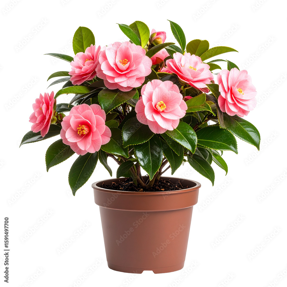 Obraz premium Lush pink Camellia japonica bush with vibrant blooms and glossy leaves in a brown pot.
