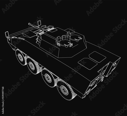 An armored troop carrier blueprint in black and white, featuring detailed contour lines, technical specifications, reinforced plating, and strategic angles for optimal defense.