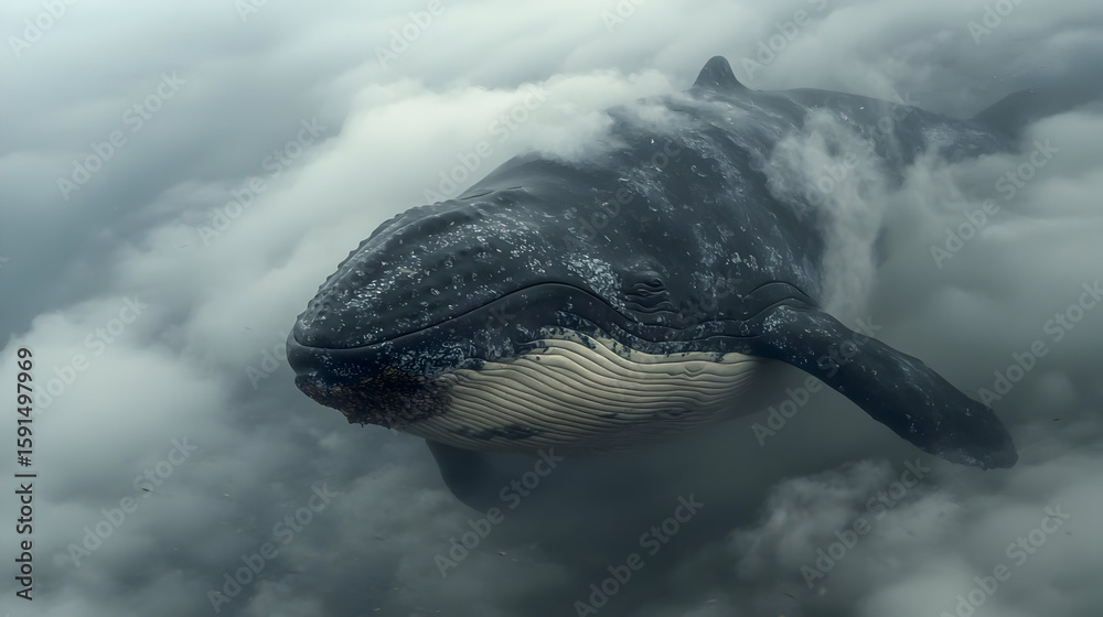 Obraz premium Whale soaring through a cloudy sky. A massive whale, dark gray and speckled white, floats amidst thick, white clouds. Its body is large and prominent, against a muted background of overcast skies