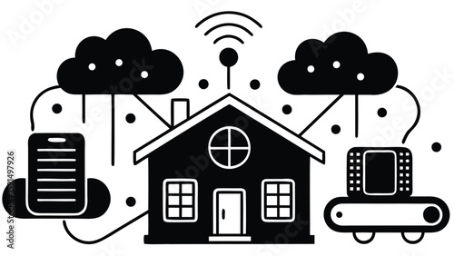 Illustration of a smart home connected to cloud services with wireless technology shown in black and white