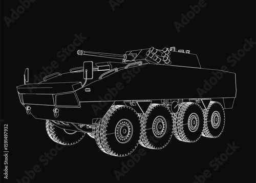 Armored troop carrier in detailed black and white contour drawing, featuring four large wheels and a prominent turret. The vehicle stands out sharply against a solid black background.
