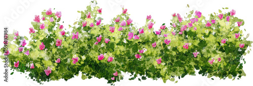 Watercolor Green Shrub with Pink Flowers