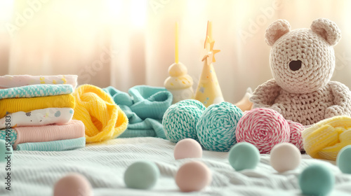 Baby items, clothes, and toys on a light surface, bathed in warm sunlight. Colorful baby clothes, a crocheted teddy bear, and knitted balls are arranged attractively