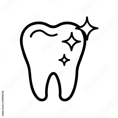 Minimalist black outline vector icon of a shiny tooth with a sparkle, symbolizing dental hygiene, clean teeth, and oral care. Isolated on a transparent background