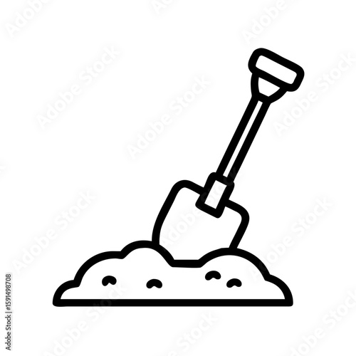 Minimalist black outline vector icon of a shovel stuck in a mound of dirt, symbolizing gardening, farming, and manual labor. Isolated on a transparent background