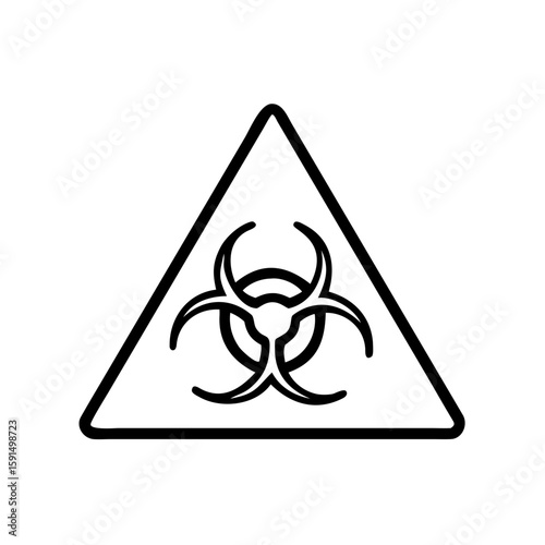 Minimalist black outline vector icon of a biohazard symbol inside a triangle, symbolizing hazardous materials, medical waste, and lab safety. Isolated on a transparent background