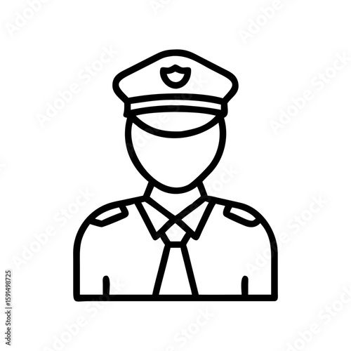 Minimalist black outline vector icon of a police officer wearing a cap, symbolizing law enforcement, security, and public safety. Isolated on a transparent background