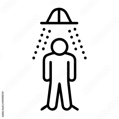 Minimalist black outline vector icon of a man standing in the shower with water pouring down, symbolizing hygiene, cleanliness, and personal care. Isolated on a transparent background