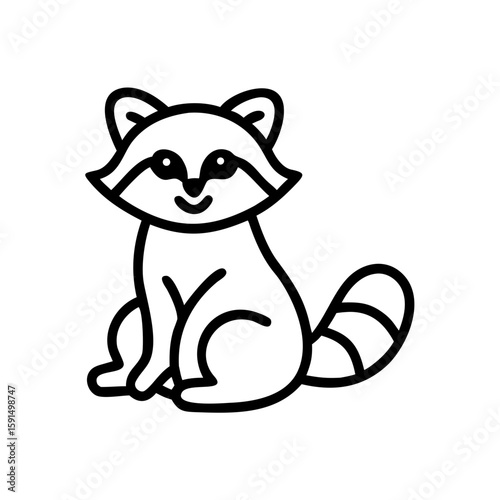 Minimalist black outline vector icon of a cute raccoon sitting, symbolizing wildlife, nature, and friendliness. Isolated on a transparent background