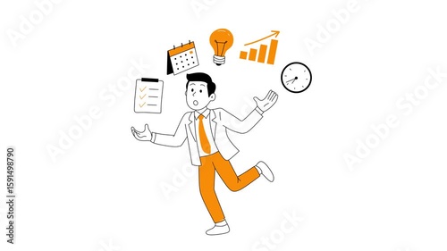 Illustration of Businessman Managing Tasks With Icons Representing Productivity