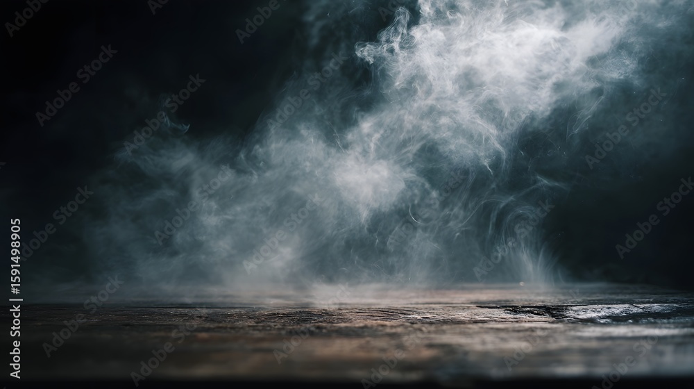 Naklejka premium Ethereal smoke drifts across a wooden table in a dark studio setting