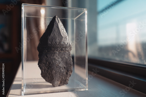 Obsidian flake artifact displayed in clear acrylic case, ancient stone tool with textured surface, archaeological find, natural light, historical preservation