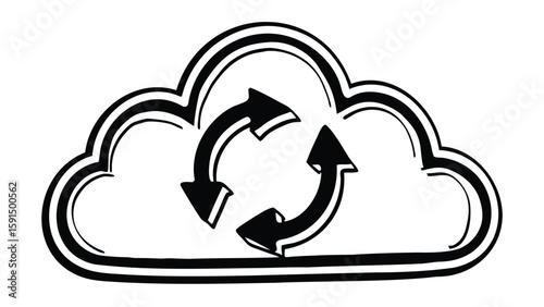 Cloud outline with circular arrows indicating a synchronization or data refresh process in black and white