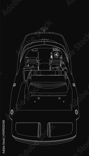 A sleek black and white speedboat with smooth curves and dynamic lines stands out against a stark black background. The minimalist design emphasizes aerodynamic contours and detailed shading