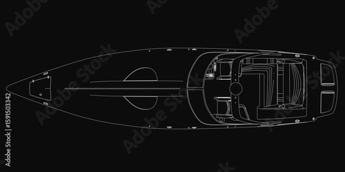 A sleek black and white speedboat contour drawing stands out against a dark background. The detailed illustration highlights the hull, sails, and intricate design elements.