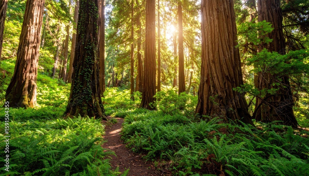 Obraz premium Sunlight streams through ancient trees, illuminating a forest path