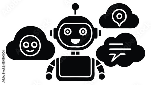 Illustration of a robot with antenna, surrounded by three clouds with different icons and shapes