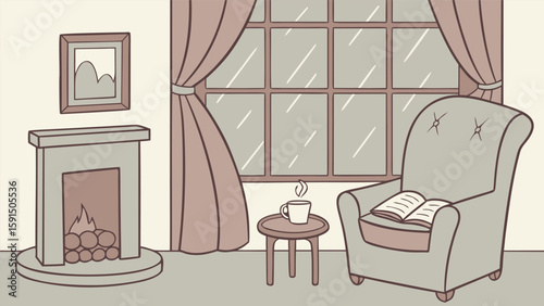 Cozy autumnal living room scene: armchair, fireplace, open book, steaming mug, rain-streaked window, muted color palette, peaceful and relaxing mood, perfect for home, comfort, and relaxation themes.