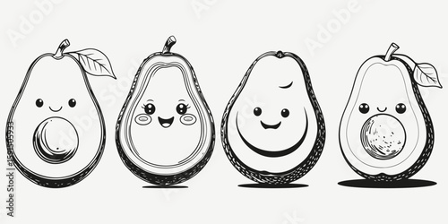 Avocado with cute smiling face sketch illustration vector