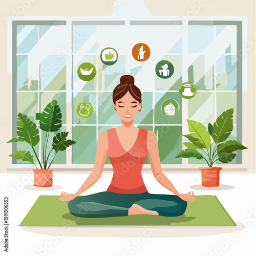 Person Meditating in Lotus Position in Well Lit Room with City View