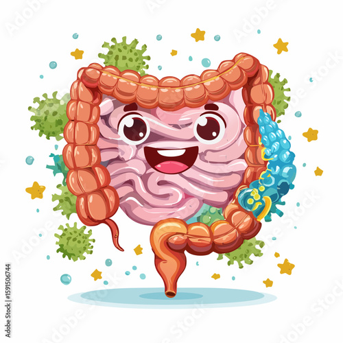 Happy Intestine Illustration with Microbes