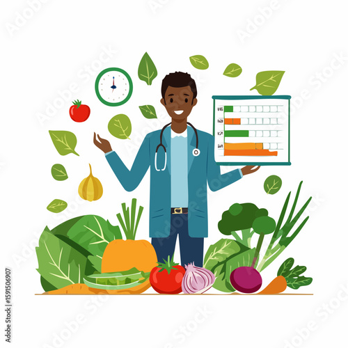 Smiling Physician Presenting A Healthy Food Guide Surrounded By Fresh Produce