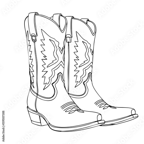 Vector line art of cowboy boots with decorative stitching, a classic symbol of Western fashion, ranch lifestyle, and rodeo culture.
