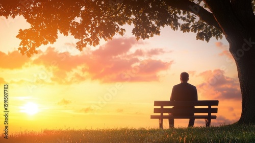 Thought Silhouette of a person sitting alone on a bench at sunset, deep in thought.