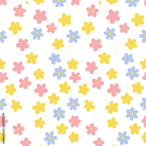 A repeating pattern of simple, stylized flowers in pink, yellow, and blue on a white background.
