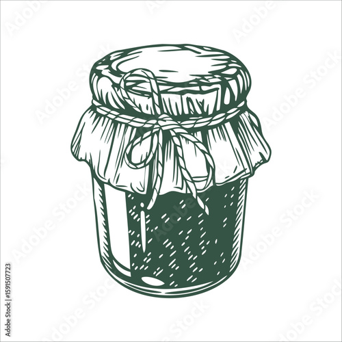 Vintage hand drawn jam jar with cloth lid and sketchy style detail