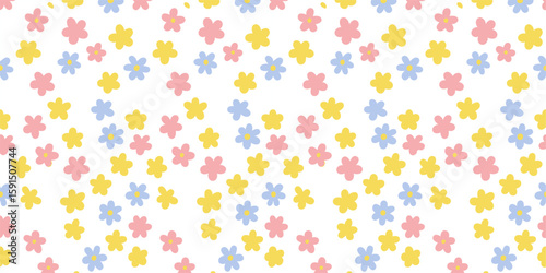 A pattern of scattered pastel flowers in pink, yellow, and blue on a white background.