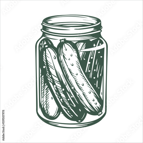 Vintage style hand drawn illustration of glass jar with pickled cucumbers