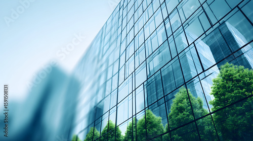Futuristic Office Exterior with Smooth Green Glass Wall