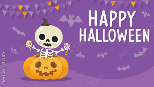 Cartoon skeleton sitting in a pumpkin with bats and happy halloween text on a purple background scene is here