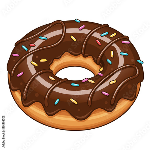 Chocolate donut with colorful sprinkles on a plain background  