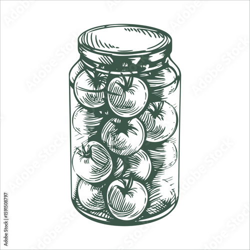 Vintage hand drawn illustration of pickled cherry tomatoes in glass jar
