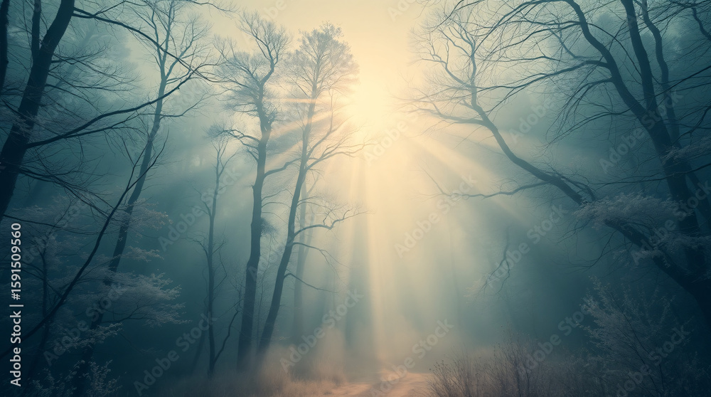 Obraz premium Soft golden sunlight diffusing through the mist in a barren winter forest creating a serene and magical morning moment